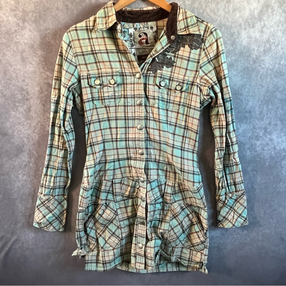 Apartment Womens Plaid Flannel Western Snap Pale Mint Green Multi Top Sz Small